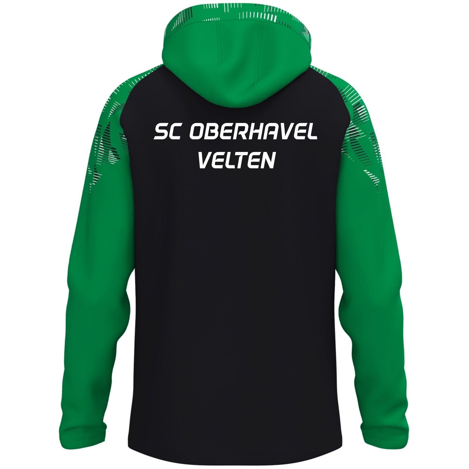 JAKO Kapuzenjacke Sonic TR: Rückansicht in Schwarz mit grünen Ärmeln mit weißem Schriftzug SC Oberhavel Velten.