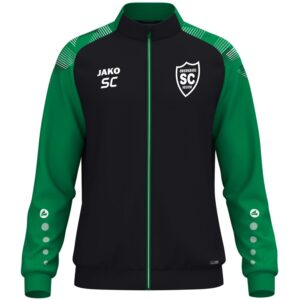 JAKO Polyesterjacke Sonic TR in Schwarz und Grün mit weißem SCO-Wappen, Vorderansicht.