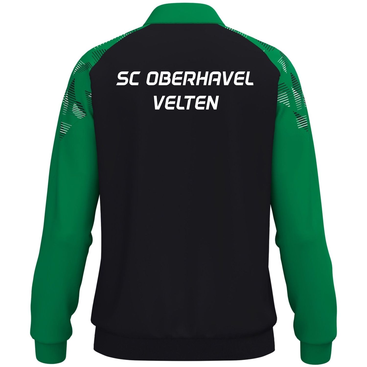 JAKO Polyesterjacke Sonic TR: Rückansicht in Schwarz mit grünen Ärmeln mit weißem Schriftzug SC Oberhavel Velten.