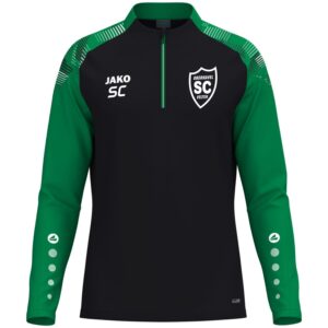 JAKO Ziptop Sonic TR in Schwarz und Grün mit kurzem Reißverschluss und weißem SCO-Wappen.