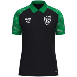 JAKO Polo Sonic TR in Schwarz und Grün mit gemusterten Schultern und weißem SCO-Wappen.