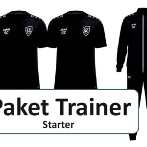 Trainer-Starterpaket als Zusammenstellung aus zwei schwarzen T-Shirts und einem schwarzen Trainingsanzug mit SCO-Wappen.