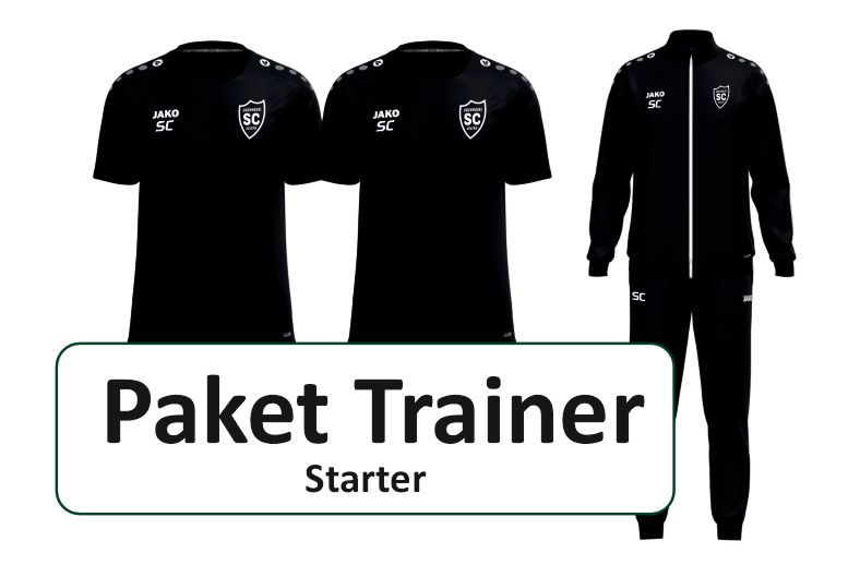 Trainer-Starterpaket als Zusammenstellung aus zwei schwarzen T-Shirts und einem schwarzen Trainingsanzug mit SCO-Wappen.