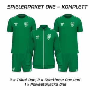 Spielerpaket One Komplett – 2 Trikots, 2 Sporthosen und 1 Polyesterjacke mit SCO-Druck