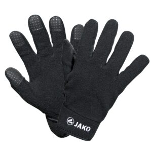 Paar schwarze JAKO Feldspielerhandschuhe Fleece mit rutschfesten Fingerkuppen und Klettverschluss, Hersteller-Original ohne aufgedruckte Initialen.