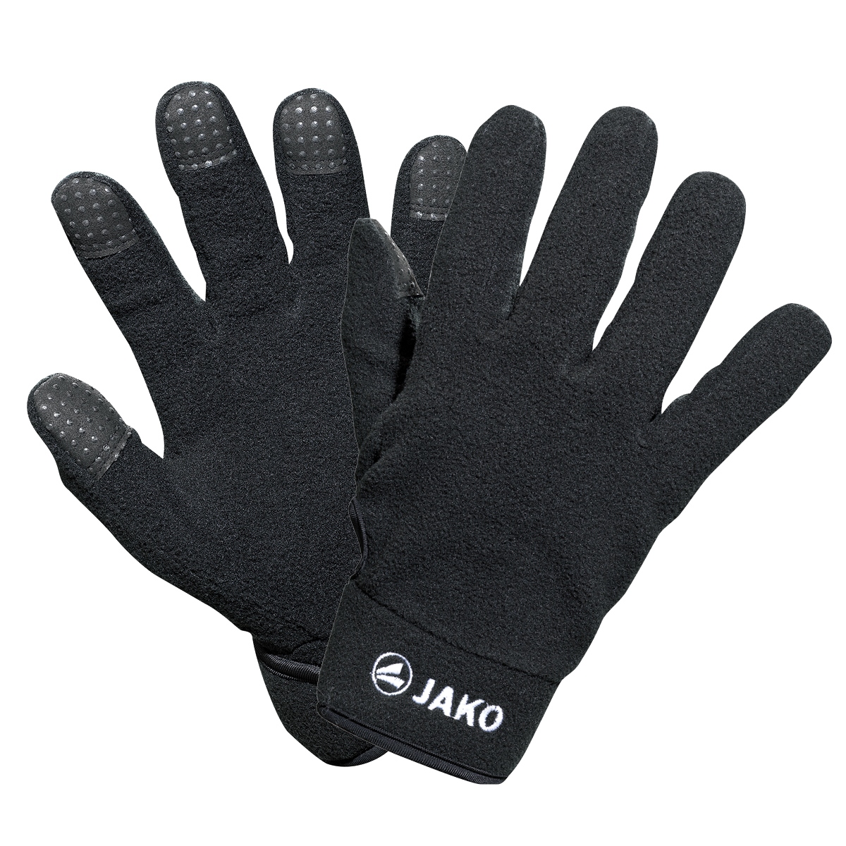 Paar schwarze JAKO Feldspielerhandschuhe Fleece mit rutschfesten Fingerkuppen und Klettverschluss, Hersteller-Original ohne aufgedruckte Initialen.