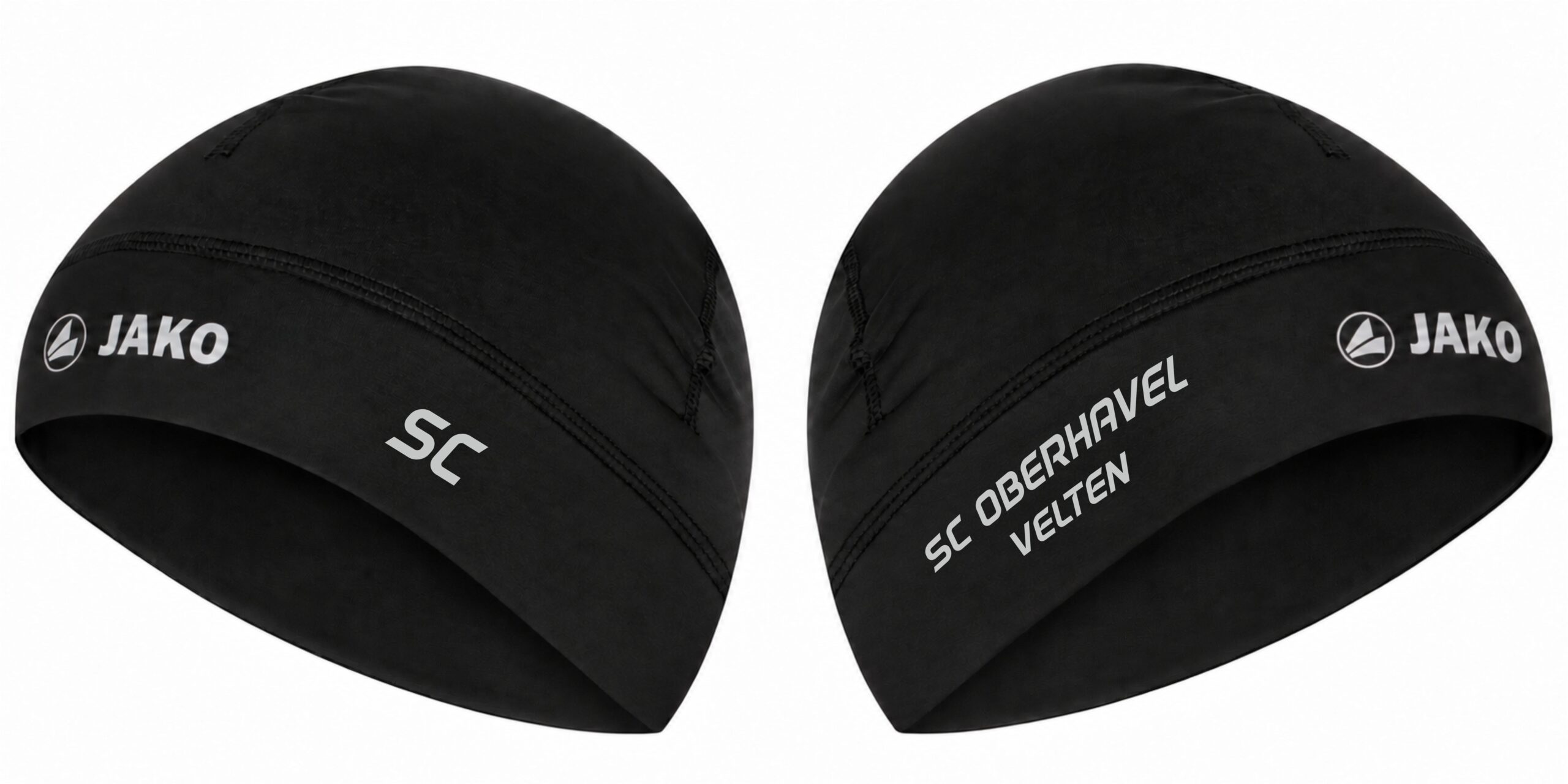 Schwarze JAKO Funktionsmütze RUN in zwei gegenüberliegenden Ansichten: Beispielinitialen SC auf einer Seite und Vereins-Schriftzug SC Oberhavel Velten auf der anderen, Veredelung mit Reflektorfolie.