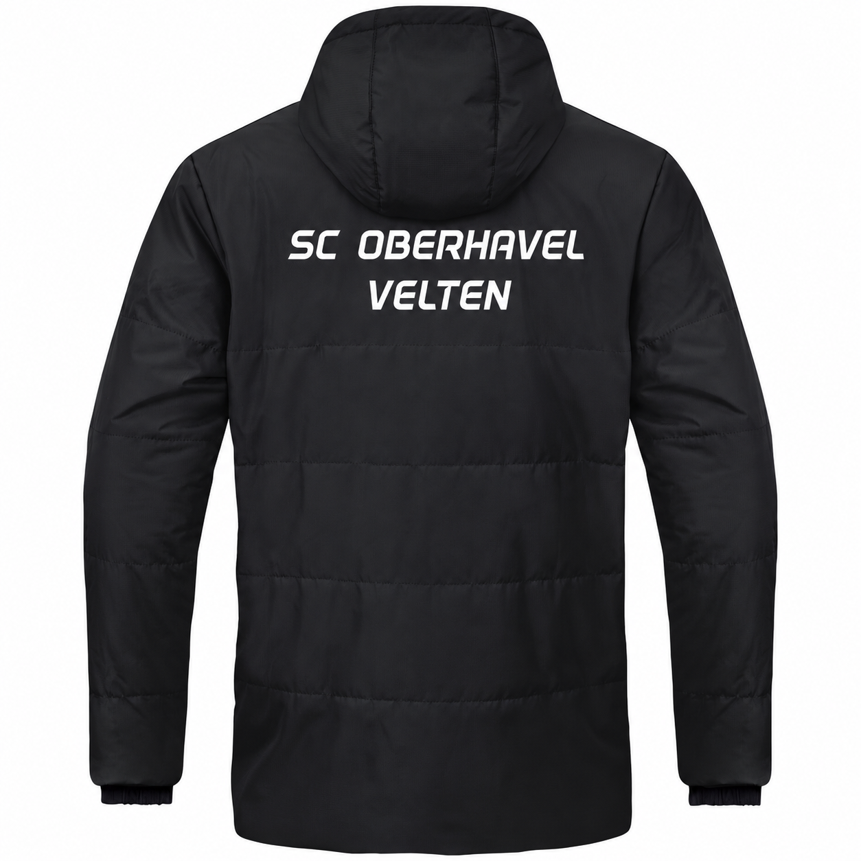 Schwarze JAKO Coachjacke One 7120 mit Kapuze und weißem Schriftzug SC Oberhavel Velten, Rückansicht.