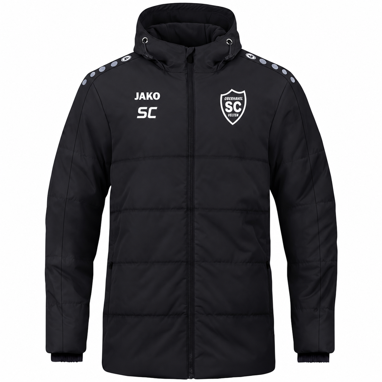 Schwarze JAKO Coachjacke One 7120 mit Kapuze, weißem SCO-Brustwappen und Beispielinitialen SC, Vorderansicht.