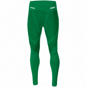 Sportgrüne JAKO Long Tight Comfort 2.0 mit weißen Beispielnamen NAME links am Bund und JAKO-Schriftzug rechts.