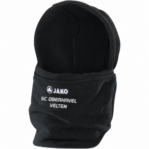 Schwarzer JAKO Neckwarmer mit integrierter Mütze und weißem Schriftzug SC Oberhavel Velten unter dem JAKO-Logo.