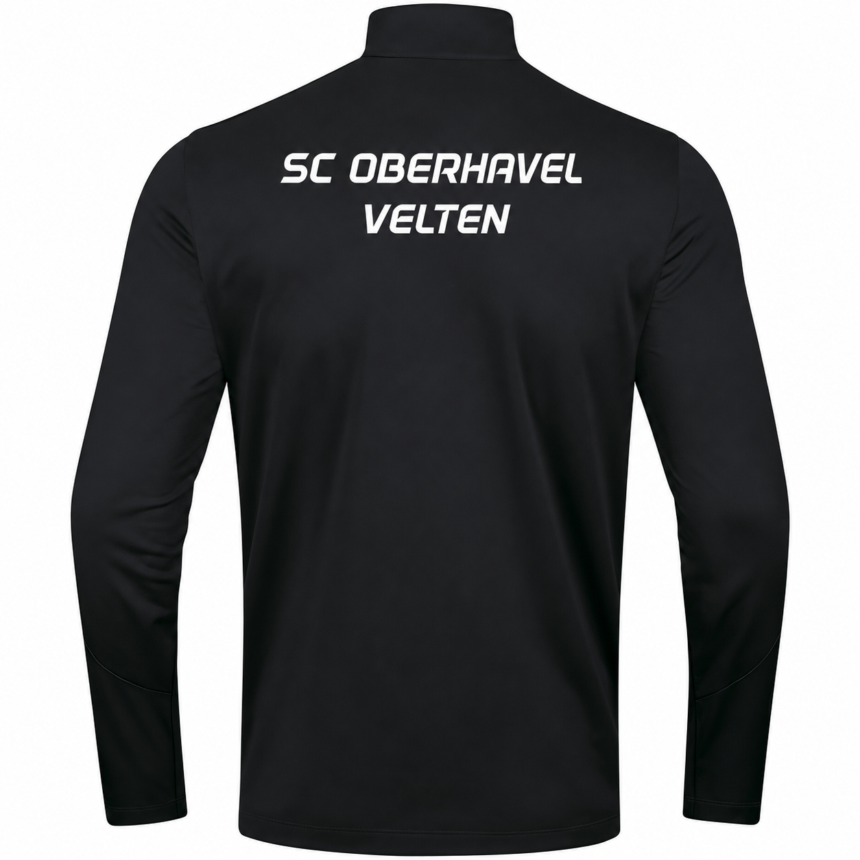 Schwarze JAKO Polyesterjacke Power mit weißem Schriftzug SC Oberhavel Velten, Rückansicht.