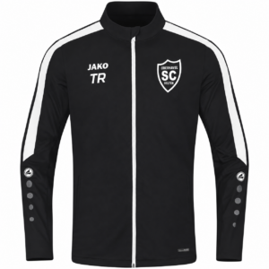 Schwarze JAKO Polyesterjacke Power mit weißen Schulterstreifen, SCO-Brustwappen und Beispielinitialen TR, Vorderansicht.