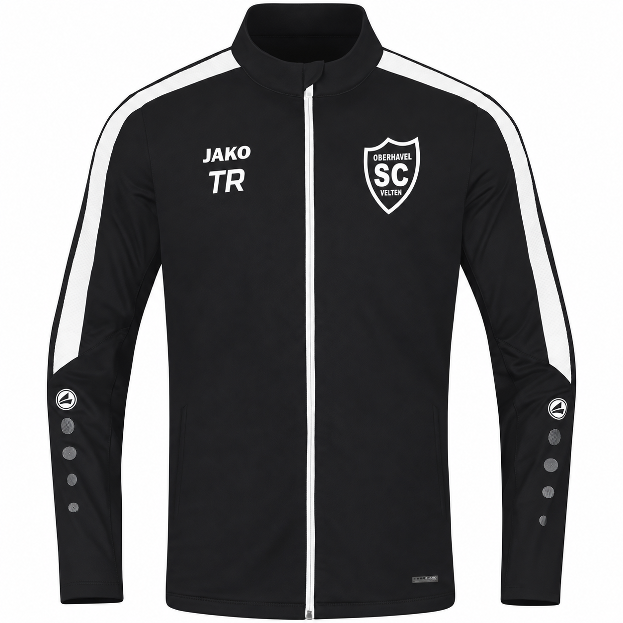 Schwarze JAKO Polyesterjacke Power mit weißen Schulterstreifen, SCO-Brustwappen und Beispielinitialen TR, Vorderansicht.