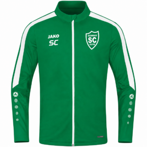 Sportgrüne JAKO Polyesterjacke Power mit weißen Schulterstreifen, SCO-Brustwappen und Beispielinitialen SC, Vorderansicht.