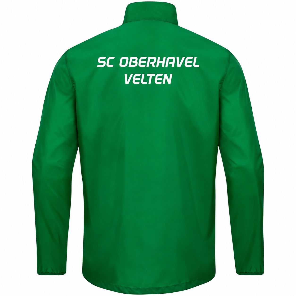 Sportgrüner JAKO Rainzip Team von hinten mit weißem zweizeiligem Schriftzug SC Oberhavel Velten.