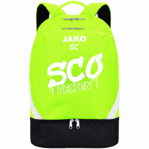 Neongrüner JAKO Rucksack Iconic mit schwarzem Bodenfach, weißem SCO-Graffiti-Druck und Beispielinitialen SC.