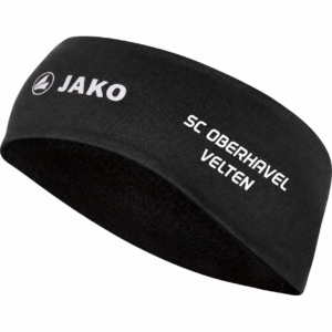 Schwarzes JAKO Stirnband Funktion mit weißem zweizeiligem Schriftzug SC Oberhavel Velten auf der rechten Seite.