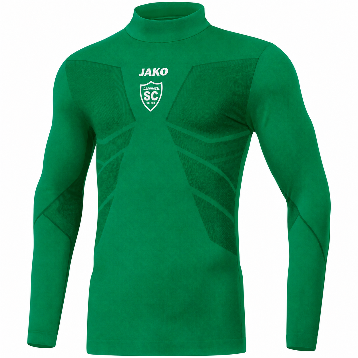 Sportgrünes JAKO Comfort 2.0 Turtleneck mit hohem Kragen und weißem SCO-Wappen mittig unter dem JAKO-Logo.