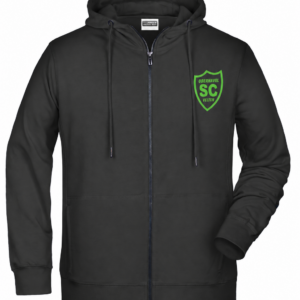 Schwarze Erwachsenen-Sweatjacke Daiber JN8026 mit grünem SCO-Brustwappen-Druck, Vorderansicht.