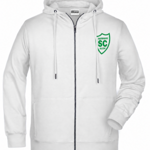 Weiße Erwachsenen-Sweatjacke Daiber JN8026 mit grünem SCO-Brustwappen-Druck, Vorderansicht.