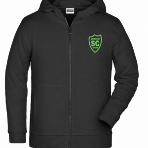 Schwarze SCO Kinder-Sweatjacke Daiber JN8026K ohne Kordeln, Vorderansicht mit grünem Vereinswappen auf der linken Brust.