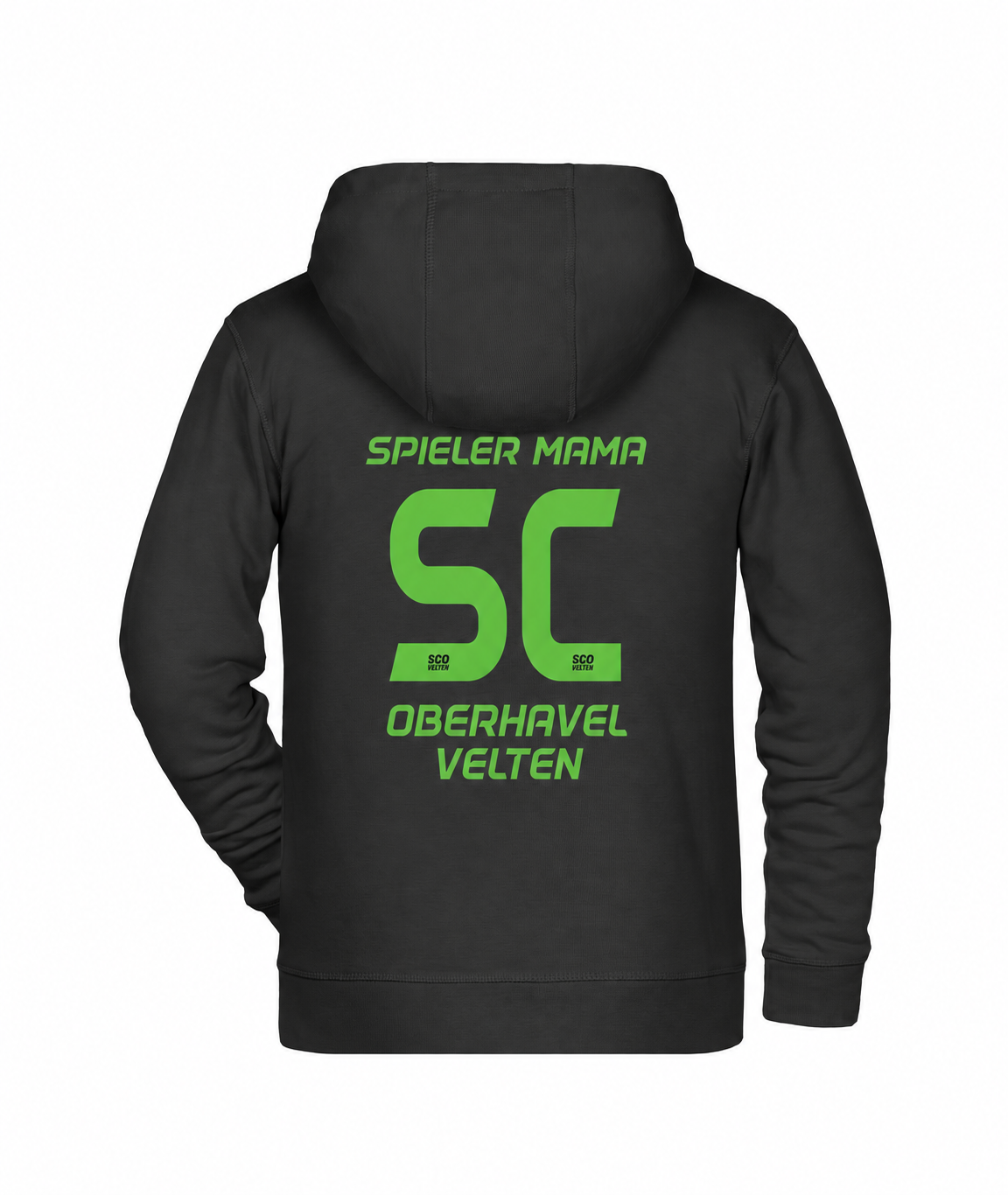 Schwarze SCO Kinder-Sweatjacke Daiber JN8026K ohne Kordeln, Rückansicht mit grünem SCO-Nummer-Motiv und Personalisierungsbeispiel SPIELER MAMA. Produktvisualisierung.