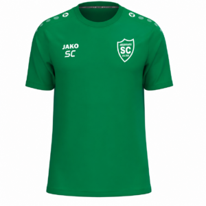 Sportgrünes JAKO T-Shirt One Cotton, Vorderansicht mit weißem SCO-Brustwappen links und Beispielinitialen SC unter dem JAKO-Logo rechts. Produktvisualisierung.